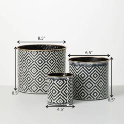 SULLIVANS Black and White Gemoetric Pattern Metal Planter (Set of 3) -Vigoro sales Store black and white patterned sullivans plant pots met1828 fa 1000