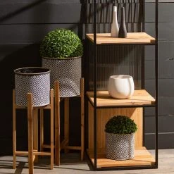 SULLIVANS Black and White Gemoetric Pattern Metal Planter on Stand (Set of 2) -Vigoro sales Store black and white patterned sullivans plant pots met1830 1f 1000