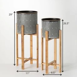 SULLIVANS Black and White Gemoetric Pattern Metal Planter on Stand (Set of 2) -Vigoro sales Store black and white patterned sullivans plant pots met1830 44 1000