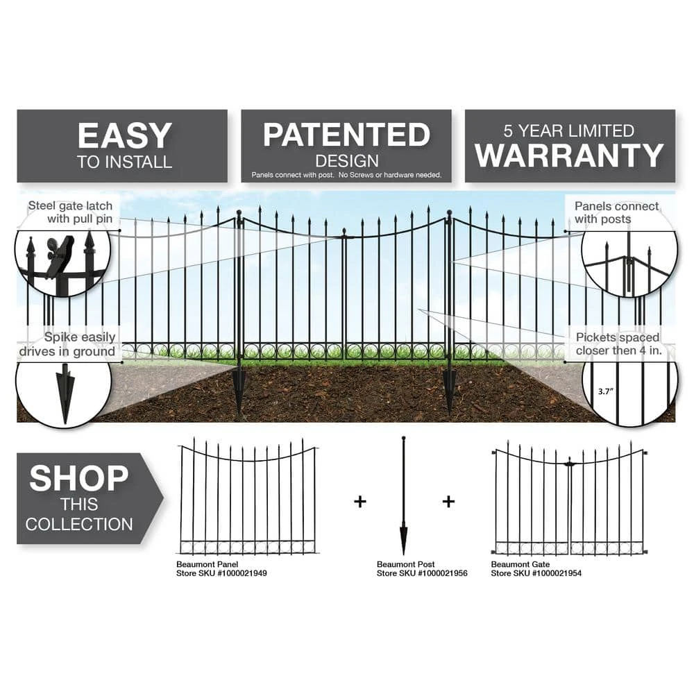Vigoro Beaumont No Dig 40.4 in. H x 53.7 in. W Black Steel Decorative Fence Gate 12 Vigoro Beaumont No Dig 40.4 in. H x 53.7 in. W Black Steel Decorative Fence Gate - Image 10