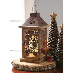 SULLIVANS Brown Metal and Wood Pinecone Lantern