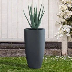 KANTE 13.39 in. x 23.62 in. Round Charcoal Finish Lightweight Concrete and Fiberglass Indoor Outdoor Planter w/Drainage Hole -Vigoro sales Store charcoal kante plant pots rc0099a c60121 44 1000