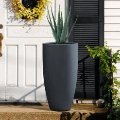 KANTE 13.39 in. x 23.62 in. Round Charcoal Finish Lightweight Concrete and Fiberglass Indoor Outdoor Planter w/Drainage Hole -Vigoro sales Store charcoal kante plant pots rc0099a c60121 fa 1000