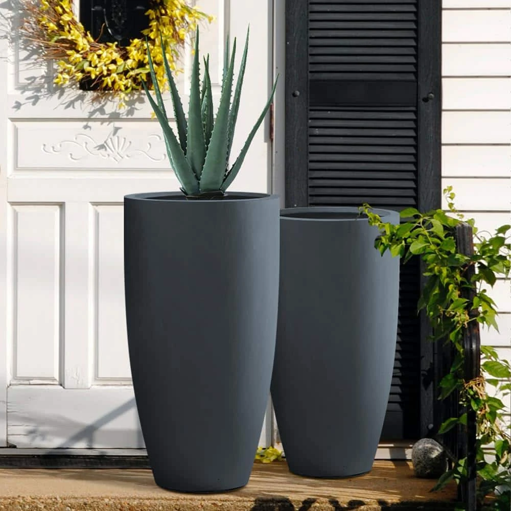 KANTE 31.4" and 23.6"H Charcoal Finish Concrete Tall Planters (Set of 2), Large Outdoor Indoor w/Drainage Hole & Rubber Plug 6 KANTE 31.4" and 23.6"H Charcoal Finish Concrete Tall Planters (Set of 2), Large Outdoor Indoor w/Drainage Hole & Rubber Plug - Image 4
