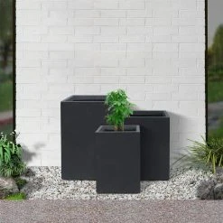 KANTE 19", 16" and 13"H Charcoal Finish Concrete Tall Square Set of 3, Outdoor Indoor Lightweight Planters w/ Drainage Hole -Vigoro sales Store charcoal kante plant pots rf0007abc c60121 4f 1000
