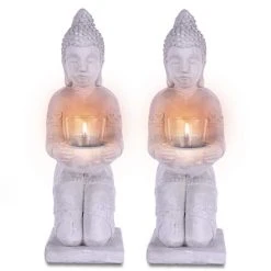 KANTE 12.8 in. H Gray Cement Buddha Garden Statue Tealight Candle Holder Ornament (2-Pack)