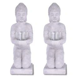 KANTE 12.8 in. H Gray Cement Buddha Garden Statue Tealight Candle Holder Ornament (2-Pack)