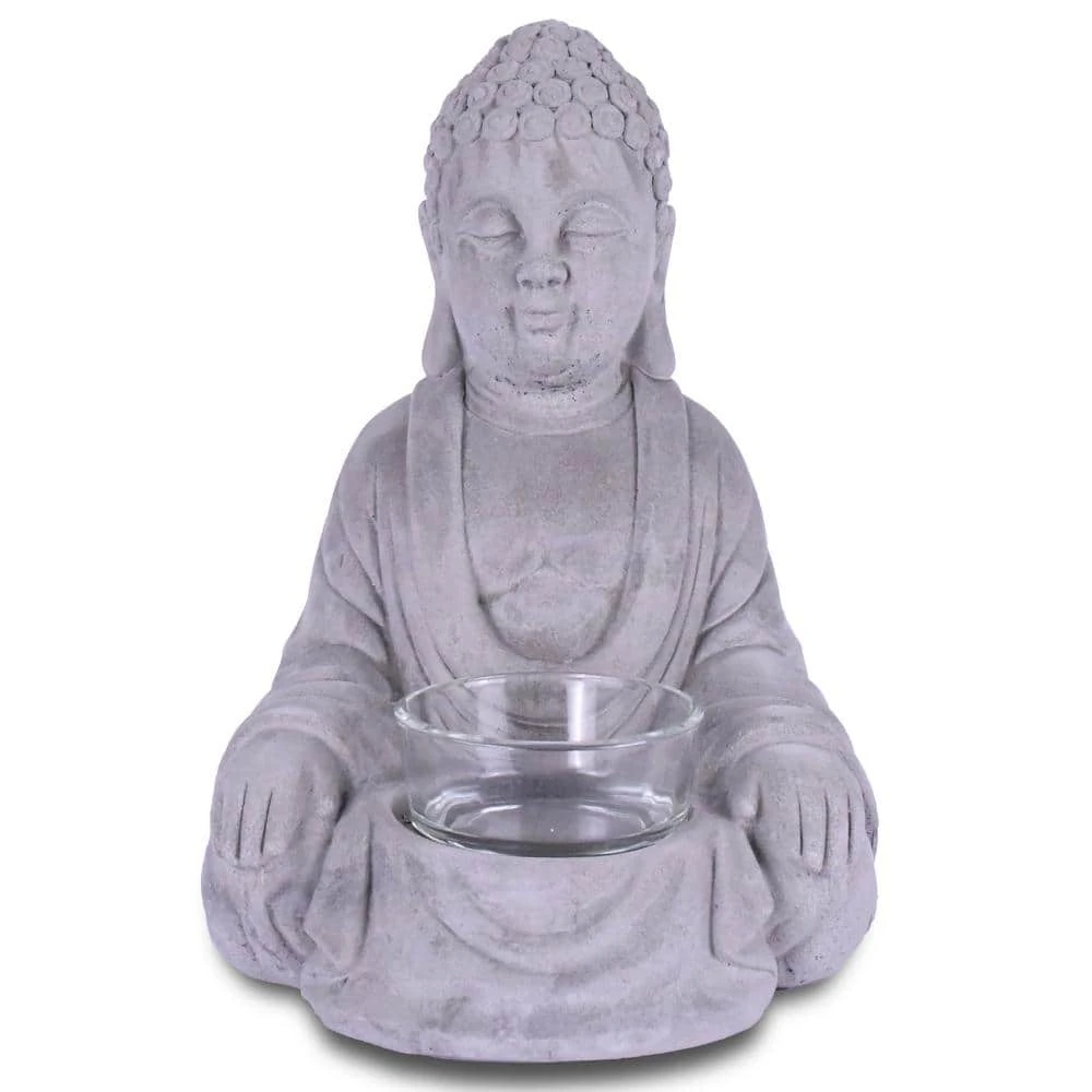 KANTE 6.5 in. H Gray Cement Sitting Buddha Garden Statue Tealight Candle Holder Ornament (2-Pack) 3 KANTE 6.5 in. H Gray Cement Sitting Buddha Garden Statue Tealight Candle Holder Ornament (2-Pack)
