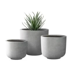 KANTE Round Natural Finish Lightweight Concrete & Fiberglass Weather Resistant Planters with Drainage Holes (Set of 3)