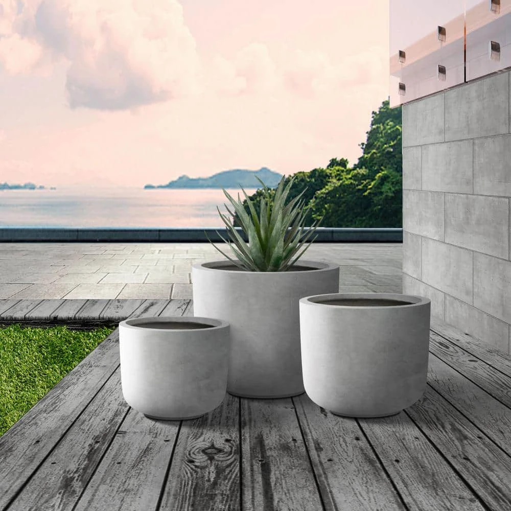 KANTE Round Natural Finish Lightweight Concrete & Fiberglass Weather Resistant Planters with Drainage Holes (Set of 3) 4 KANTE Round Natural Finish Lightweight Concrete & Fiberglass Weather Resistant Planters with Drainage Holes (Set of 3) - Image 2