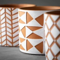 SULLIVANS Geometric Print Terracotta Pot - Set of 3 -Vigoro sales Store orange and white patterned sullivans plant pots cmt1200 c3 1000