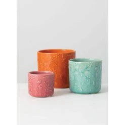 SULLIVANS Multi-Color Ceramic Floral Relief Flower Pot (Set of 3) -Vigoro sales Store pink blue orange sullivans plant pots cm2872 1f 1000