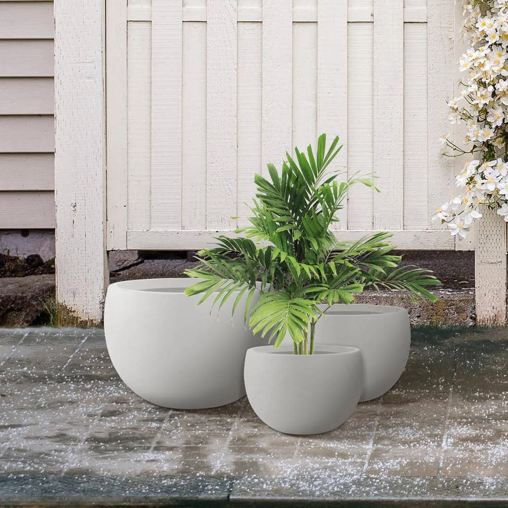 KANTE 20 in., 16 in. and 12 in. W Pure White Concrete Round Elegant Planters (Set of 3), Outdoor Indoor Modern Planter Pots 8 KANTE 20 in., 16 in. and 12 in. W Pure White Concrete Round Elegant Planters (Set of 3), Outdoor Indoor Modern Planter Pots - Image 6