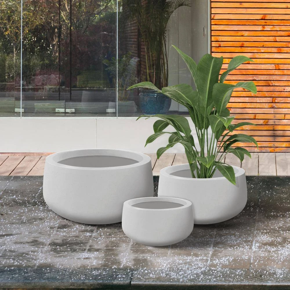 KANTE 19.6 in., 15.7 in. & 11.8 in. W Round Pure White Concrete Elegant Planters Set of 3, Outdoor Indoor w/Drainage Holes 4 KANTE 19.6 in., 15.7 in. & 11.8 in. W Round Pure White Concrete Elegant Planters Set of 3, Outdoor Indoor w/Drainage Holes - Image 2