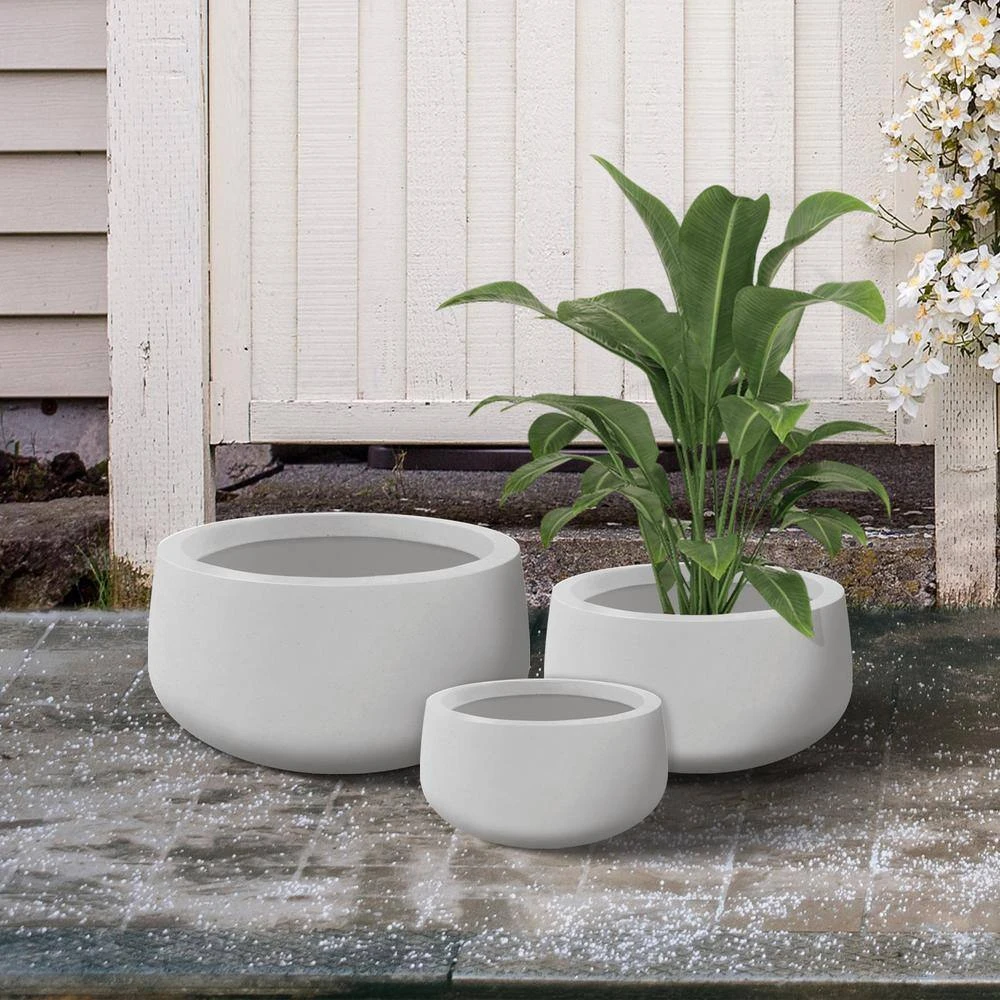 KANTE 19.6 in., 15.7 in. & 11.8 in. W Round Pure White Concrete Elegant Planters Set of 3, Outdoor Indoor w/Drainage Holes 9 KANTE 19.6 in., 15.7 in. & 11.8 in. W Round Pure White Concrete Elegant Planters Set of 3, Outdoor Indoor w/Drainage Holes - Image 7