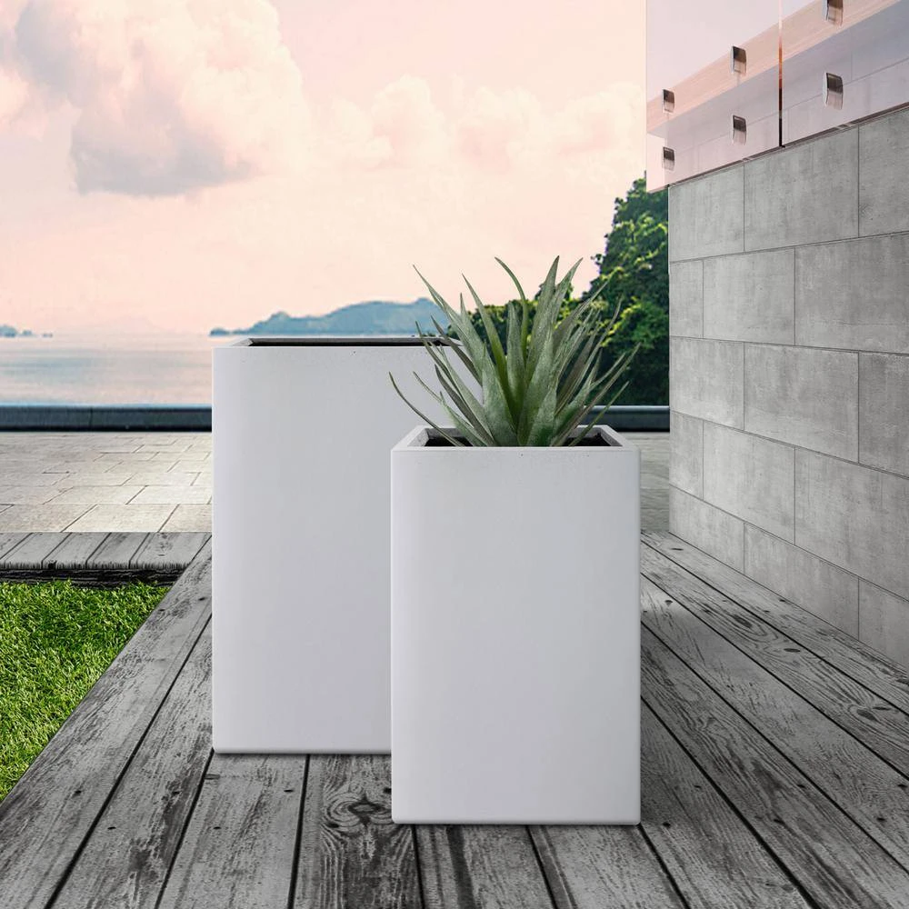 KANTE 28 in. and 24 in. Tall, Pure White Lightweight Concrete and Weather Resistant Fiberglass Rectangle Outdoor (Set of 2) 4 KANTE 28 in. and 24 in. Tall, Pure White Lightweight Concrete and Weather Resistant Fiberglass Rectangle Outdoor (Set of 2) - Image 2