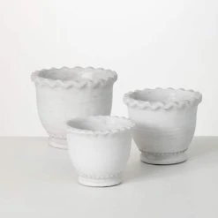 SULLIVANS Whitewashed Scalloped Edge Cement Pot - Set of 3