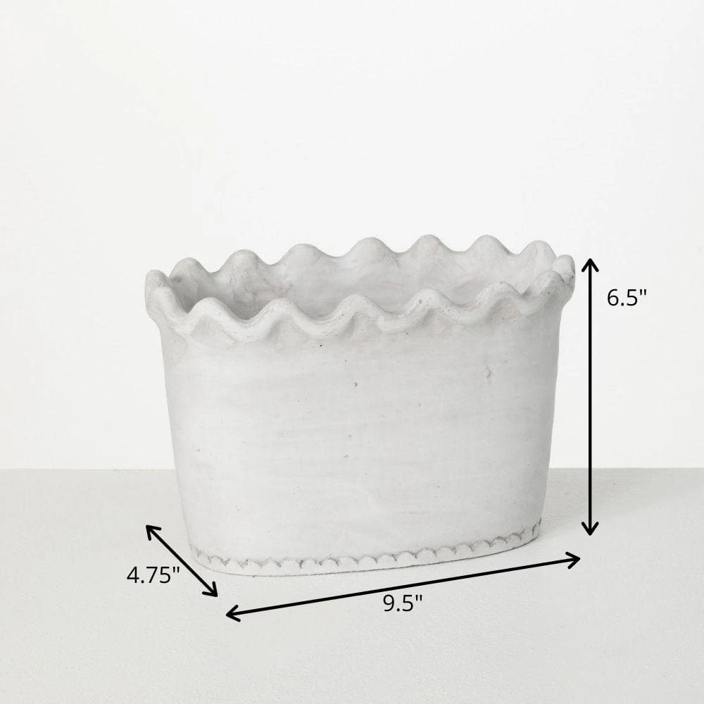 SULLIVANS White Scalloped Edge Cement Garden Pot 6 SULLIVANS White Scalloped Edge Cement Garden Pot - Image 4
