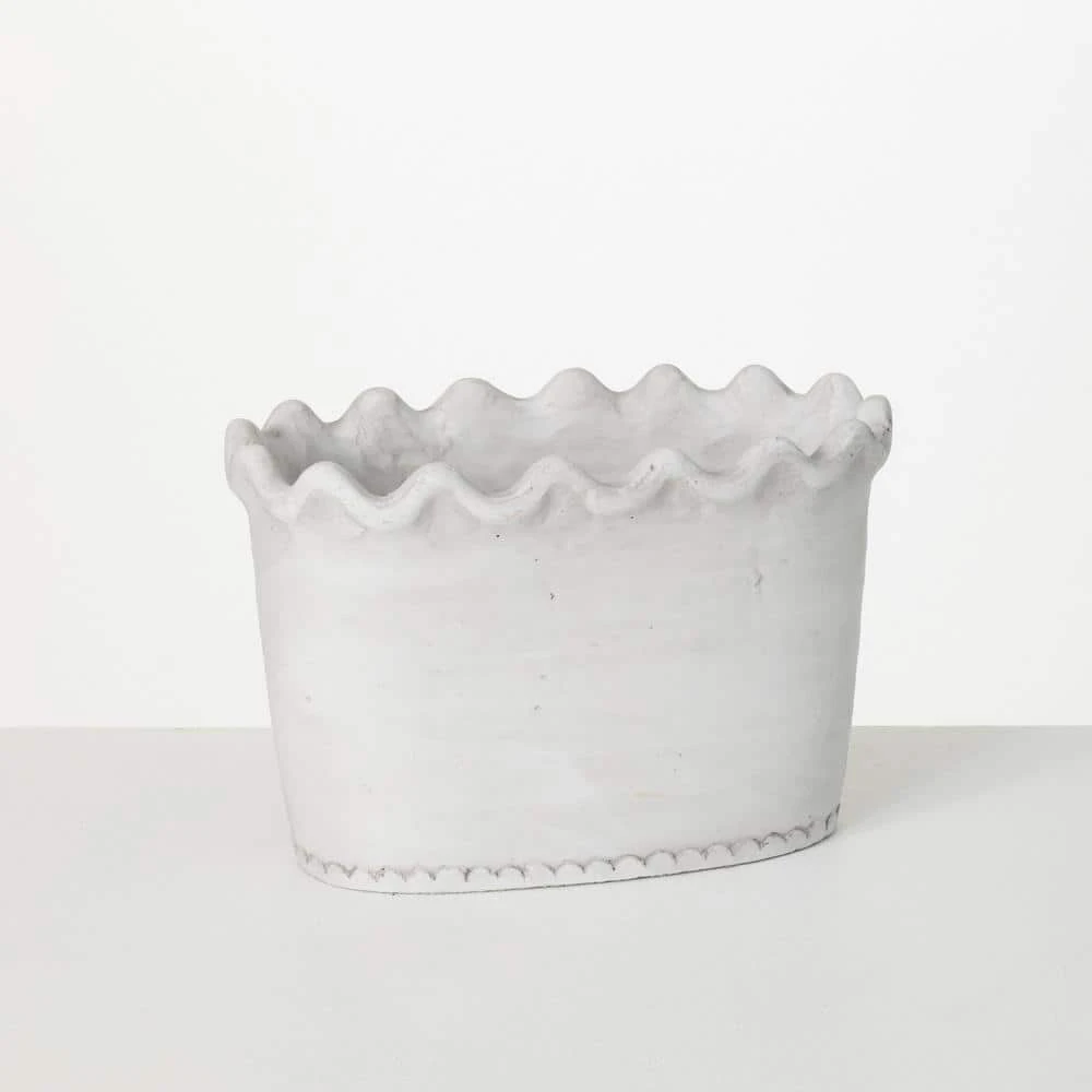 SULLIVANS White Scalloped Edge Cement Garden Pot 3 SULLIVANS White Scalloped Edge Cement Garden Pot